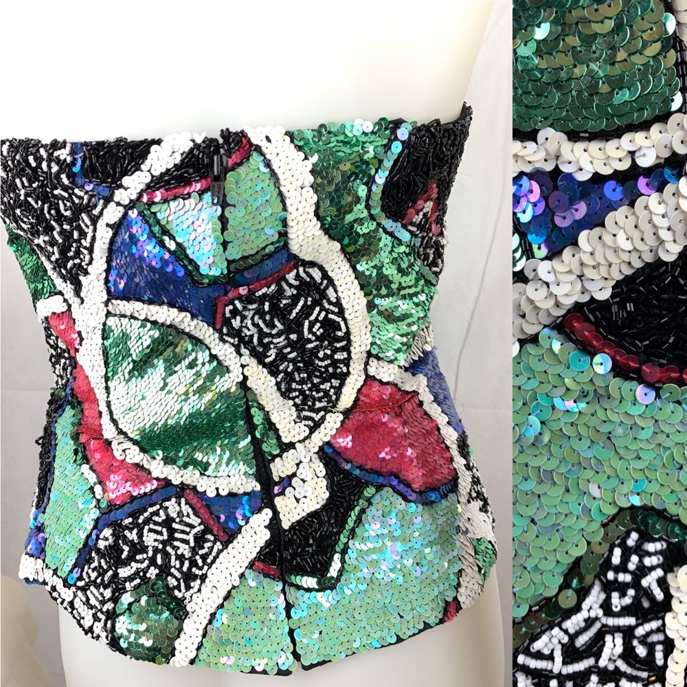 Oleg Cassini Silk Beaded Black Green Pink Bustier - Picture 2 of 7